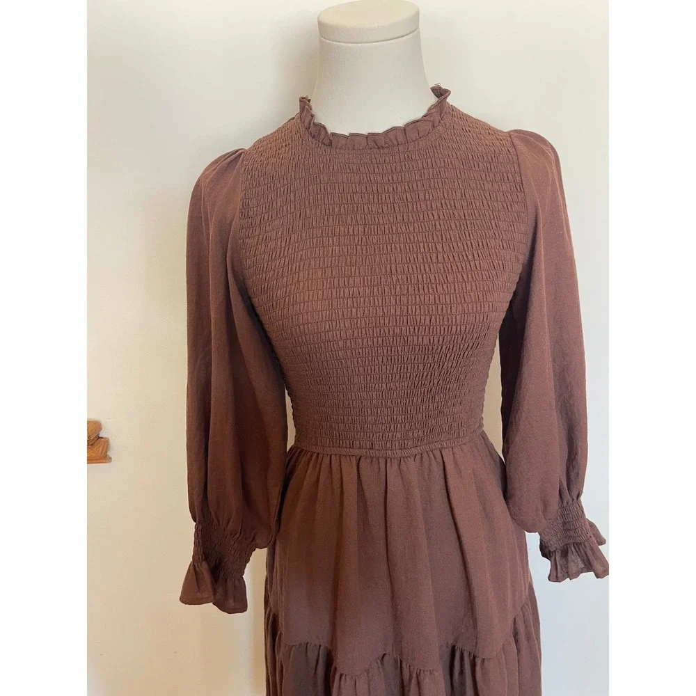 IVY CITY Chocolate Brown Girls Smocked Long Sleeve Dress Pockets Mock Neck 13/14